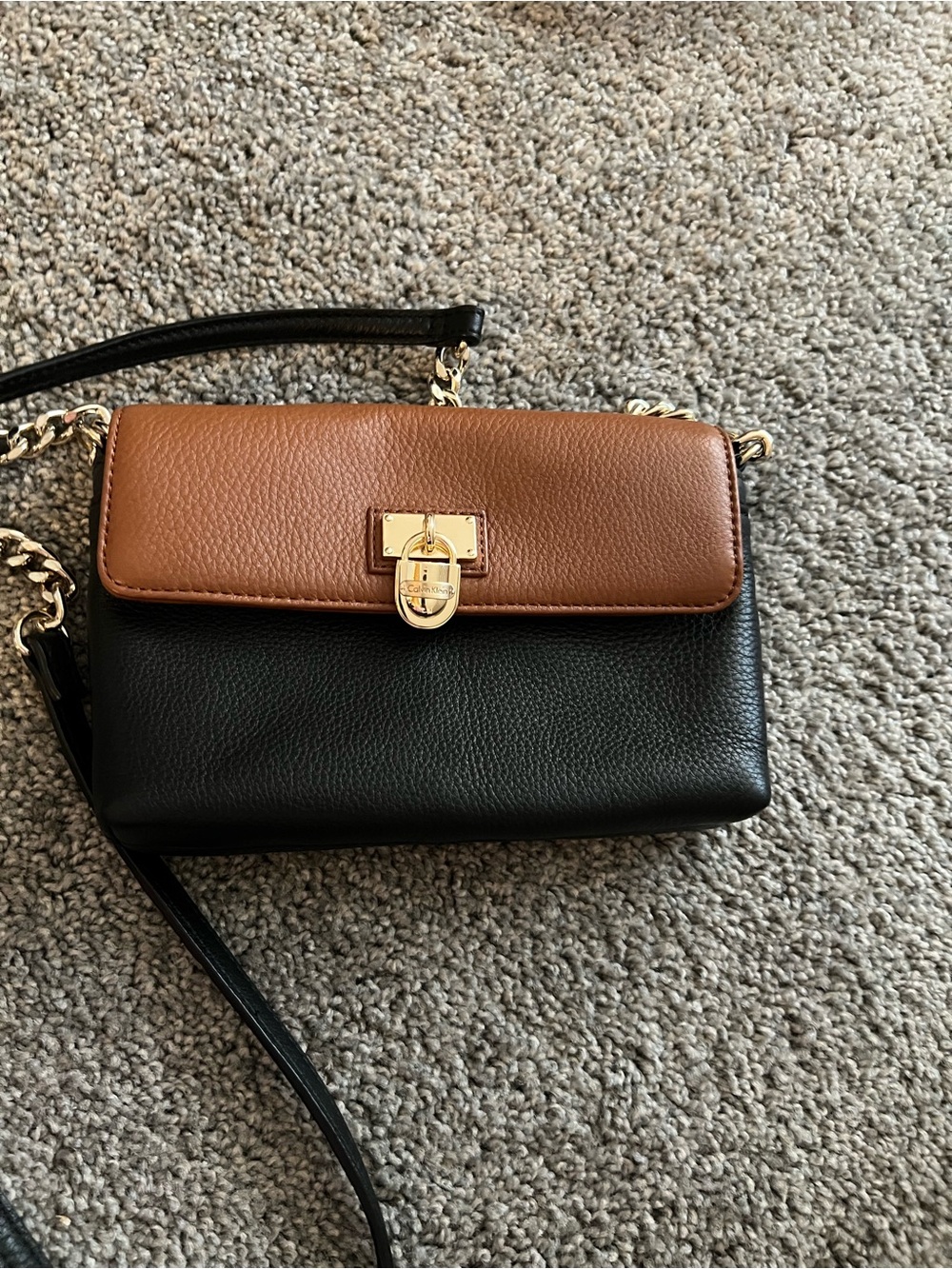 Calvin Klein Two-Tone Black and Brown Leather Crossbody with Gold Lock
